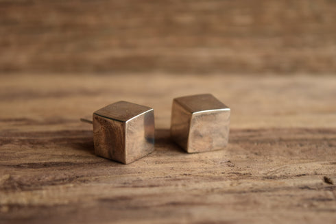 Modernist Cube Earrings Signed Sterling Silver HOB